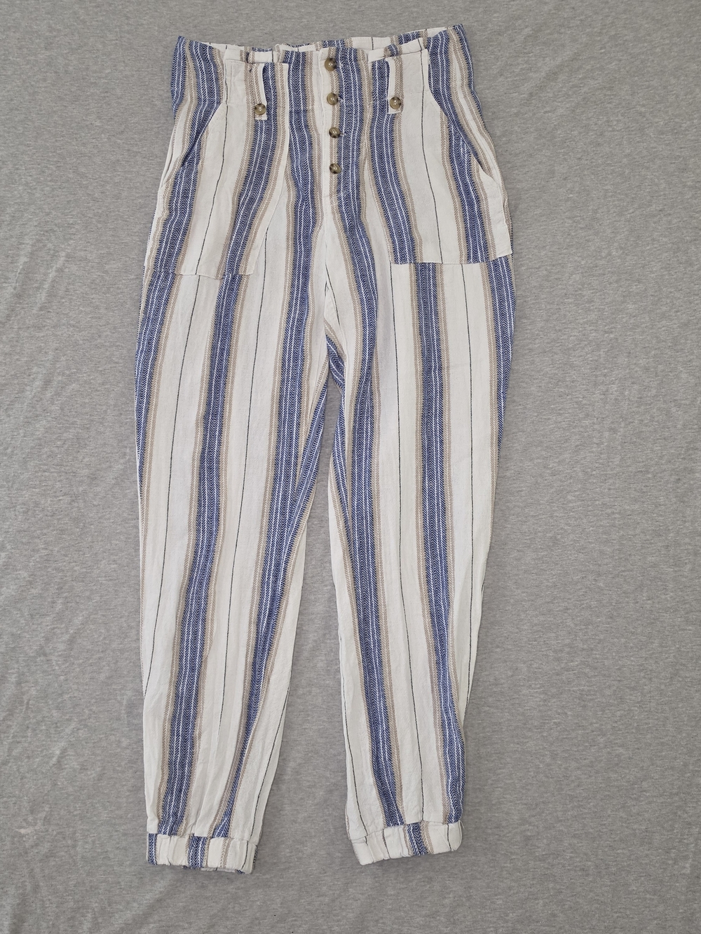 Indigo Rein Blue & Cream Striped High-Waist Button-Front Joggers Size Small